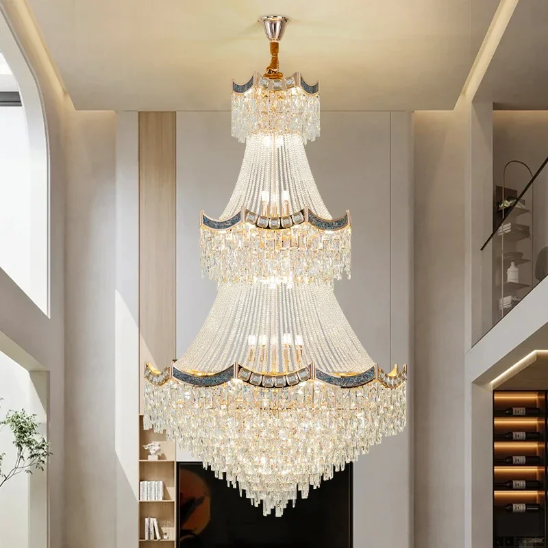 Duplex Large Chandelier Villa Living Room Lamp Mezzanine Ceiling Simple Postmodern Light Luxury Hollow Crystal Long Chandelier