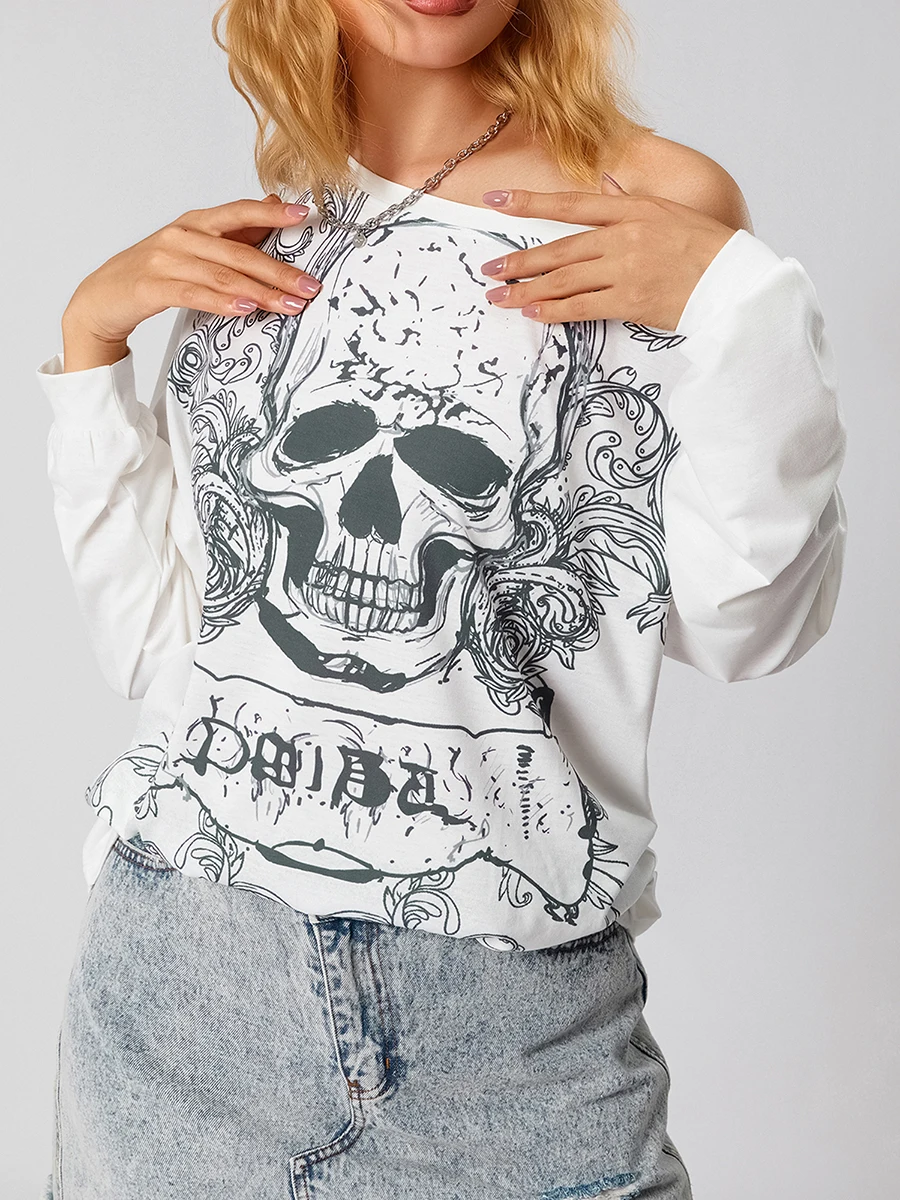 Halloween Women Long Sleeve Oversized T Shirts for Women Casual Skull Bone Print Slant Shoulder Long Sleeve Oversized T-Shirt