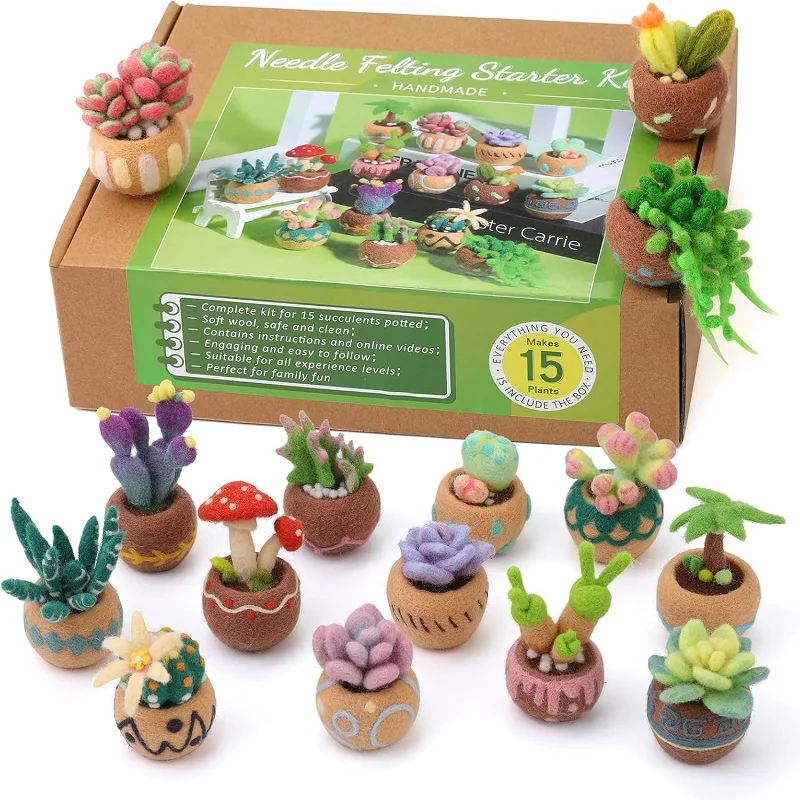 KRABALL Succulent Needle Felting Set With Wool Roving Felting Pad And Instruction For Beginner DIY Handmade Craft Tools Kit