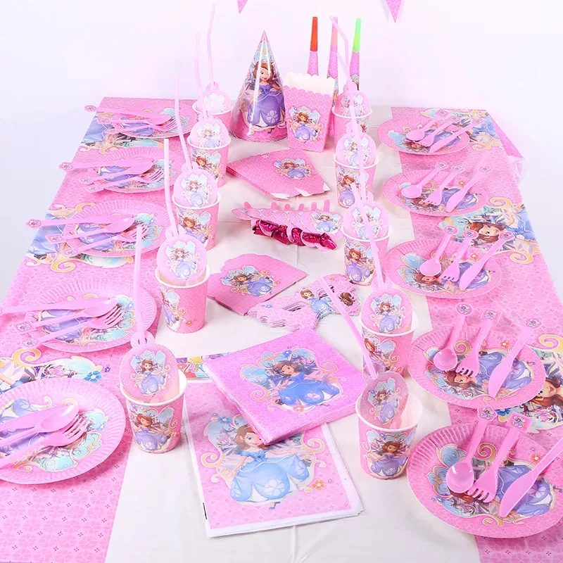 Disney Sofia Princess Theme Party Tableware Girl Kids Birthday Disposable Decor Plates Cups Napkins Balloon Baby Shower Supplies