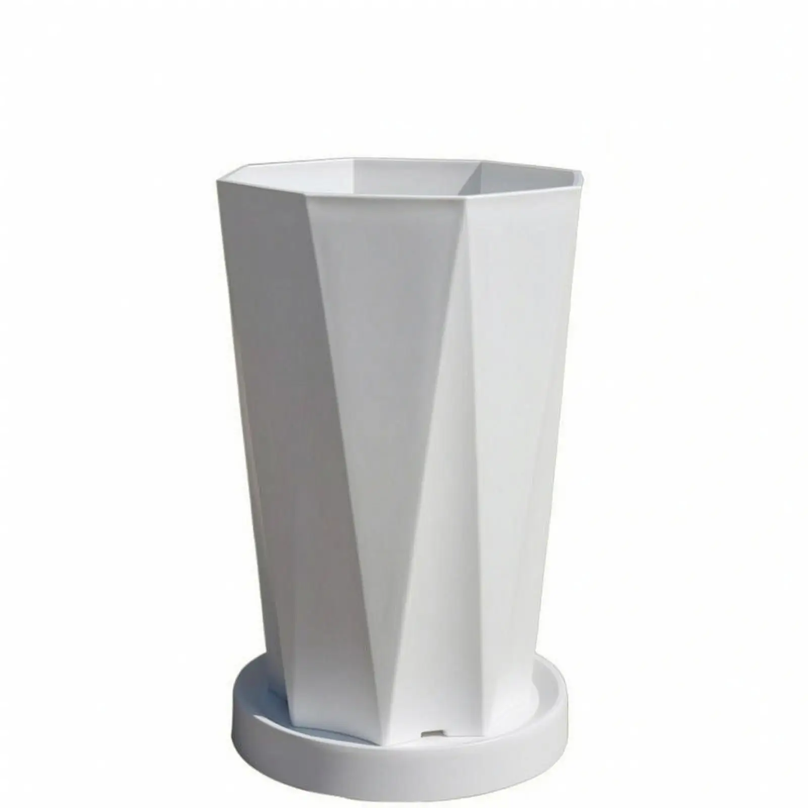 Resin Planter with Tray for Entryway Floor Decor Sturdy Tall Plant Pot with Matching Saucer Minimalist Faceted Design