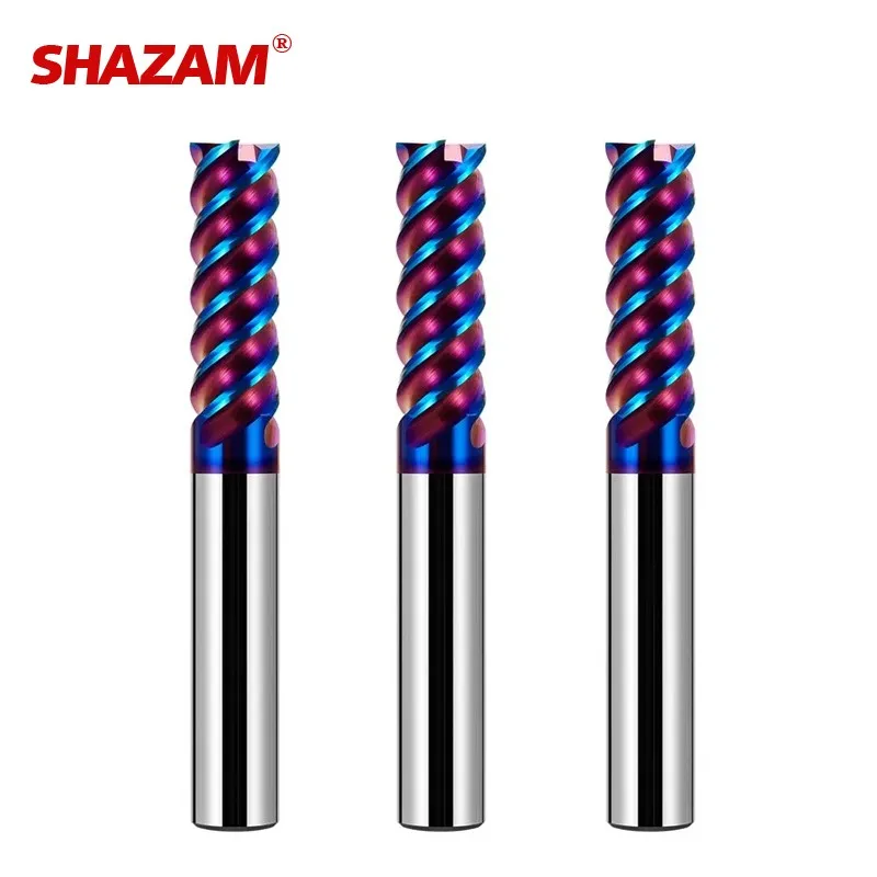 SHAZAM Tungsten Steel Carbide Blue Nano Coating HRC75 4-Flute Flat Milling Cutter CNC Machinery Stainless Steel Special End Mill