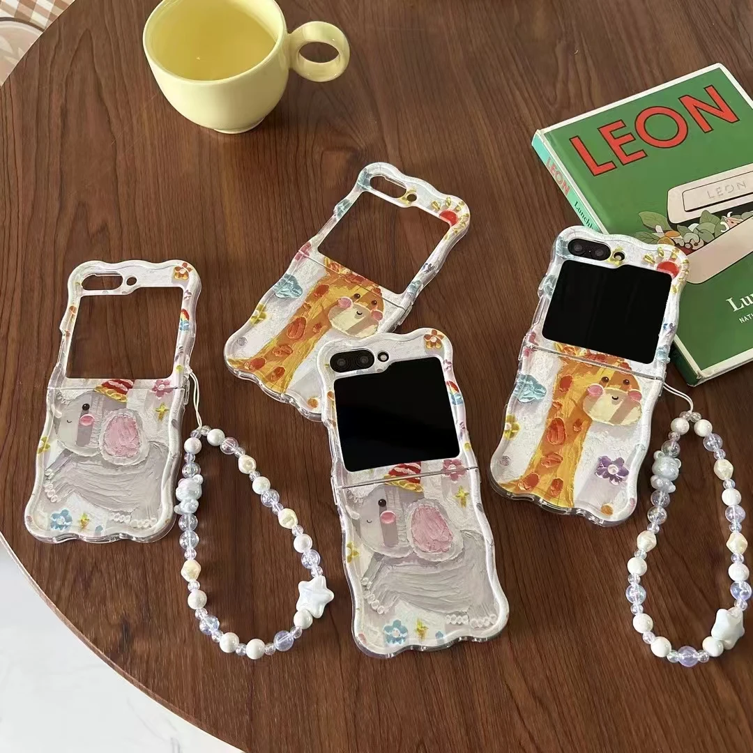 For Samsung Galaxy Z Flip 6 5 4 3 5G F7110 F7070 Luxury Crystal Cute Animal Flower Star Pearl Wrist Strap Wave Phone Case Cover