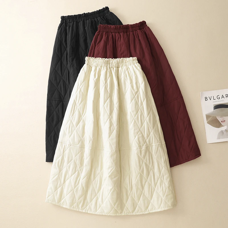 Warmth Lightweight Artistic Japanese Style Cotton Insert High Waist A-Line Skirt for Women Thickened Winter Midi Lantern Skirt