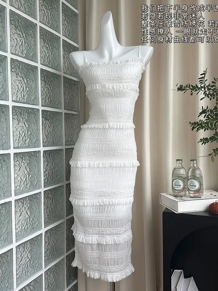 

Mori Girl White Spaghetti Strap Dress New Design Elegant Slim Sheath Prom Gown Lace Sundress Split Hem 2000s Aesthetic Coquette