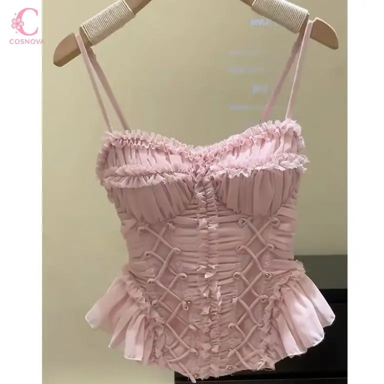 Elegant Sweet Korean Pink Spaghetti Strap Ruched Lace Up Ruffle Trim Crop Tops Women Bow Design Peplum Hem Slim Chic Date Summer