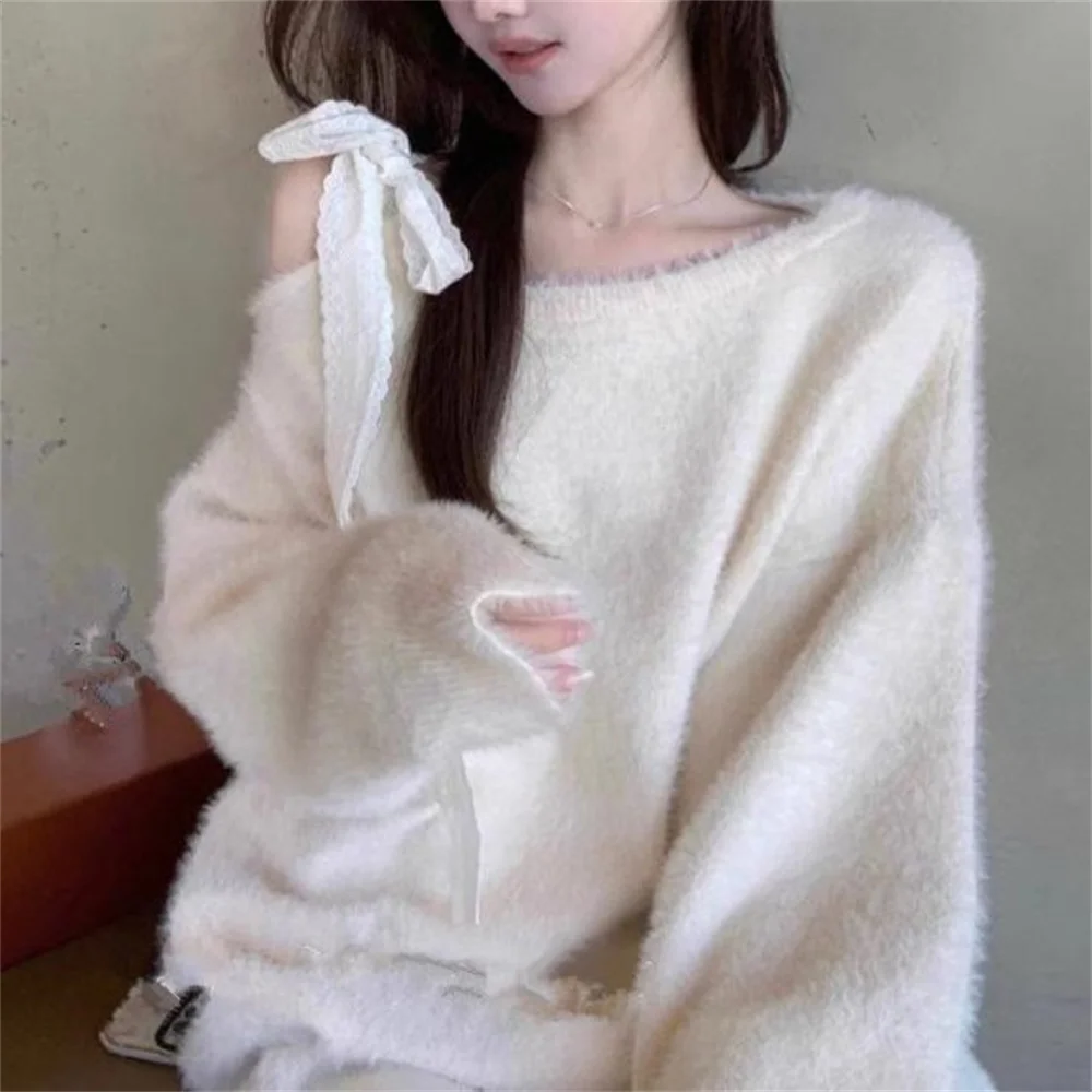 Slash Neck Autumn Winter Bow Knitting Pullovers Women Sweet Fashion Solid Color Sweater Elegant All-match Casual Knitwear Tops