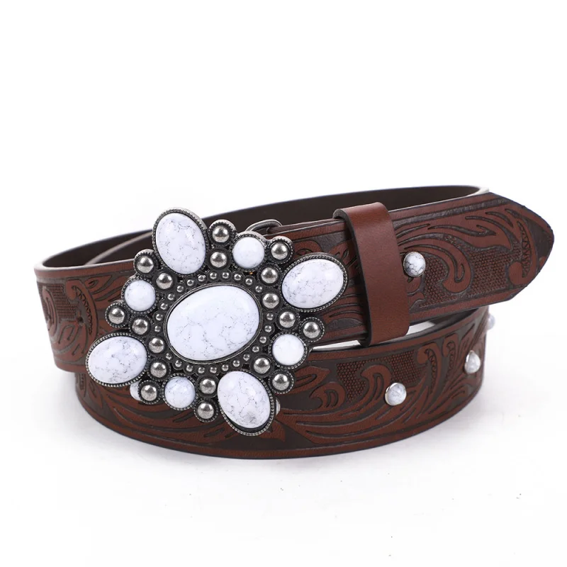 Western Embossed PU Leather Strap Retro Metal Flower Cowboy Men Belt Emo Flower Print Belt for womens