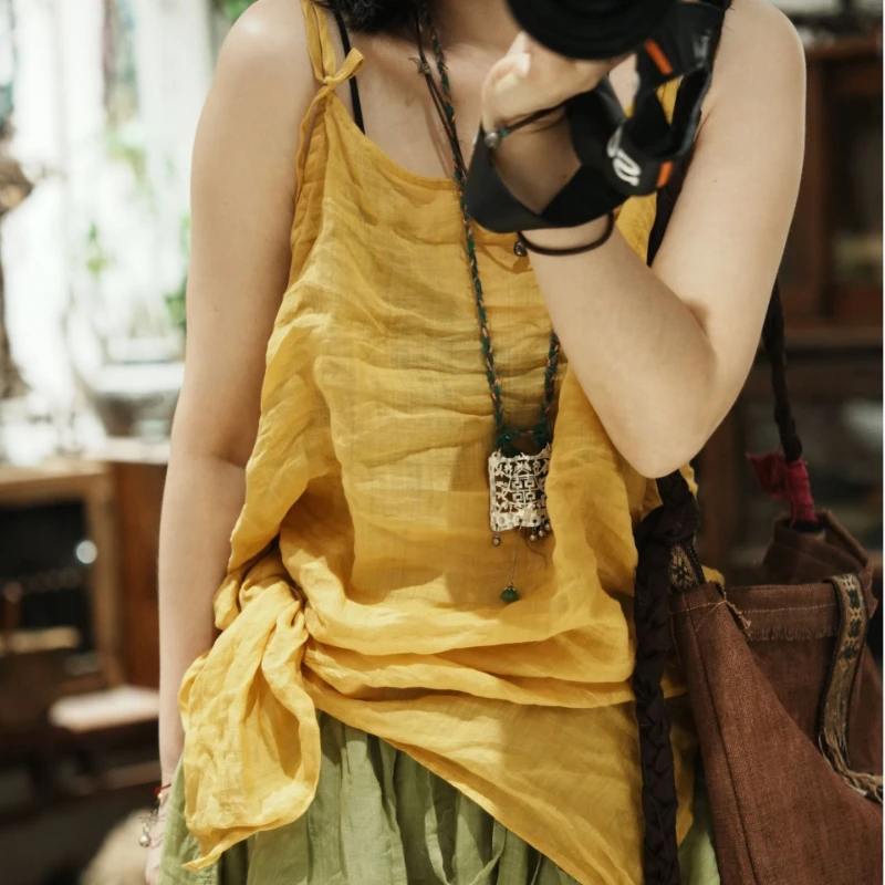 Women Vintage Sleeveless Ramie Tank Tops New Arrival Summer  Adjustable Shoulder Strap Camisole Solid Color Female Tank Tops