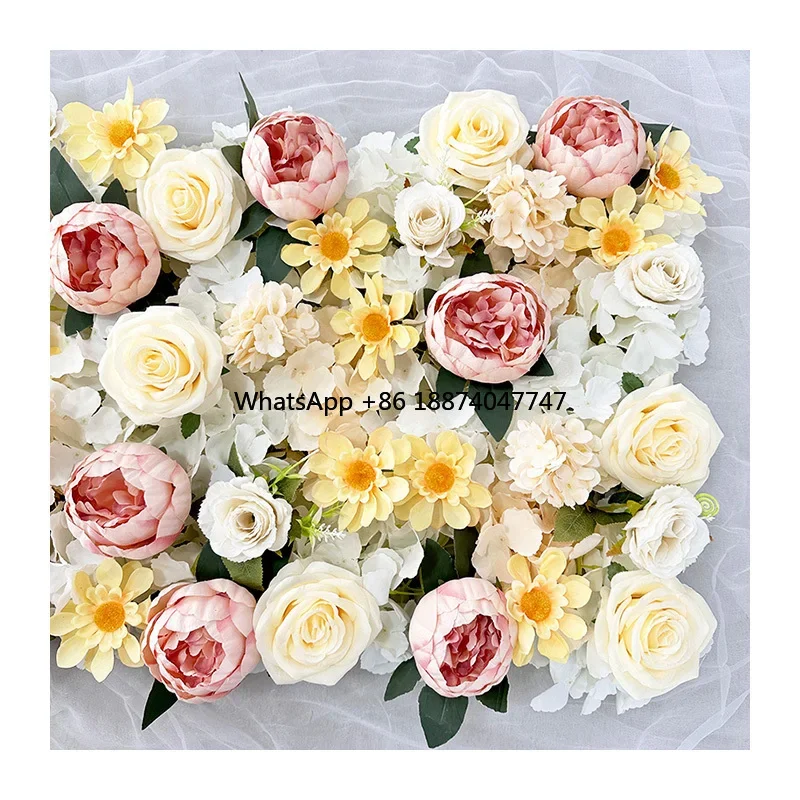 Mur d'hortensia de pivoine artificielle jaune champagne personnalisable, mur de fleurs de fond de grande scène, vente chaude d'usine, 8 pi x 8 pi