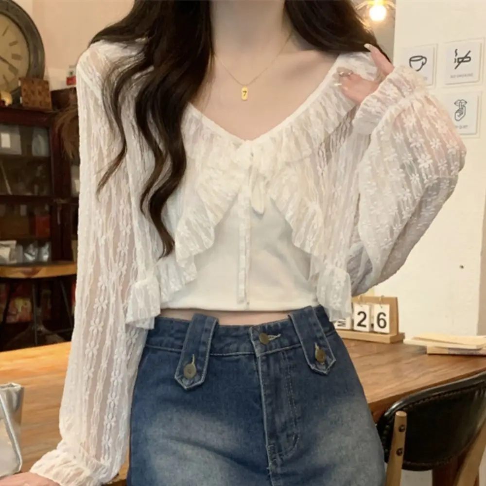 Summer Women Thin Sunscreen Cardigan Lace-up Knitwear Tops Female Korean Style Short Coat Casual Sun Protected Mesh Crop Tops