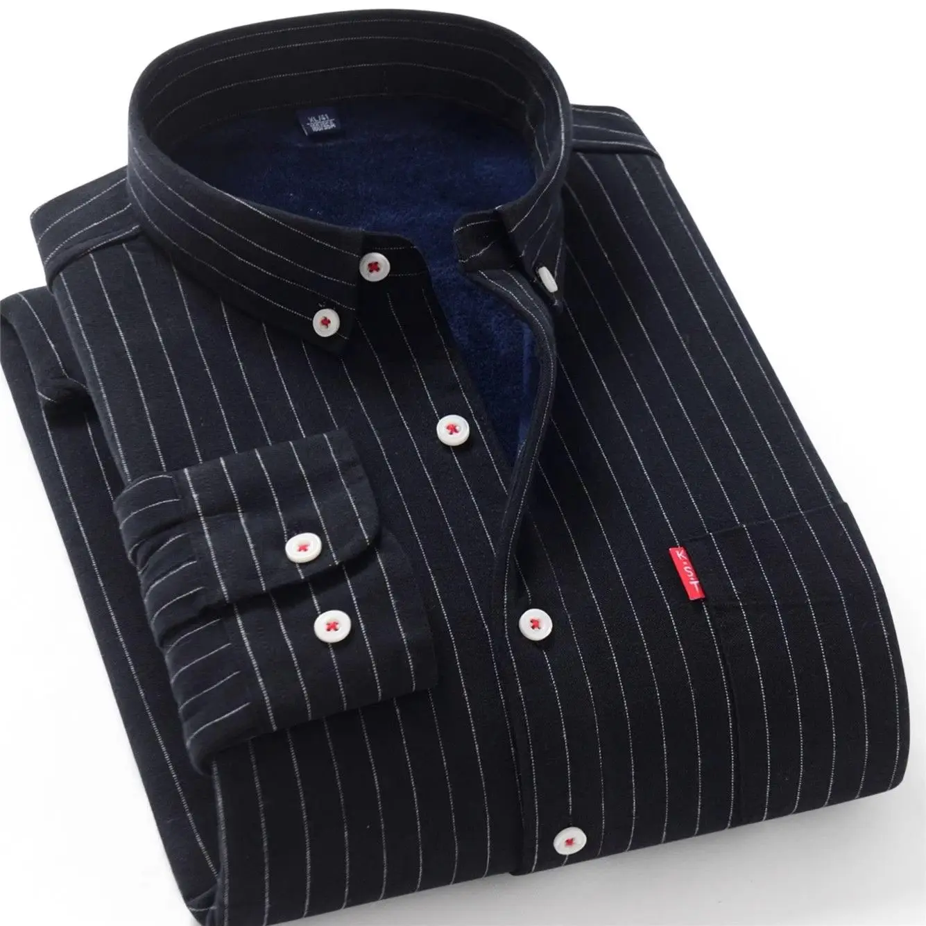 Men's Long Sleeve Fleece Lined Casual Shirt Stripe Pattern Vintage Washed Denim Outerwear Dad Clothes Regular Fit Korean Style
