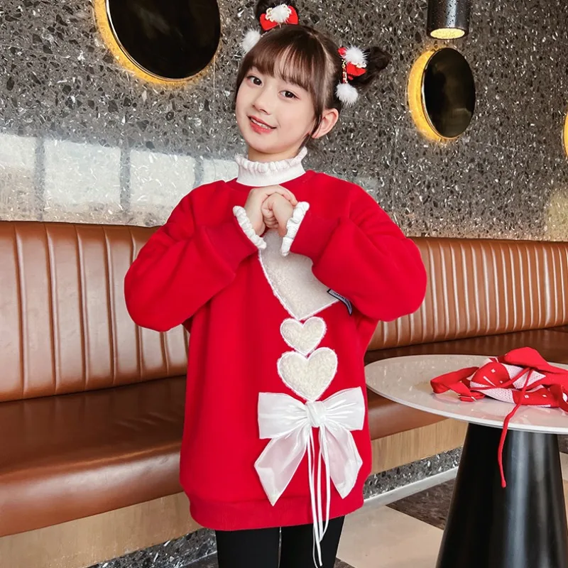 

Girls' 2025 New Autumn/Winter Red Festive Faux-two-piece Thickened Fleece Lined Turtleneck Mid-Big Kids Sweatshirt Top