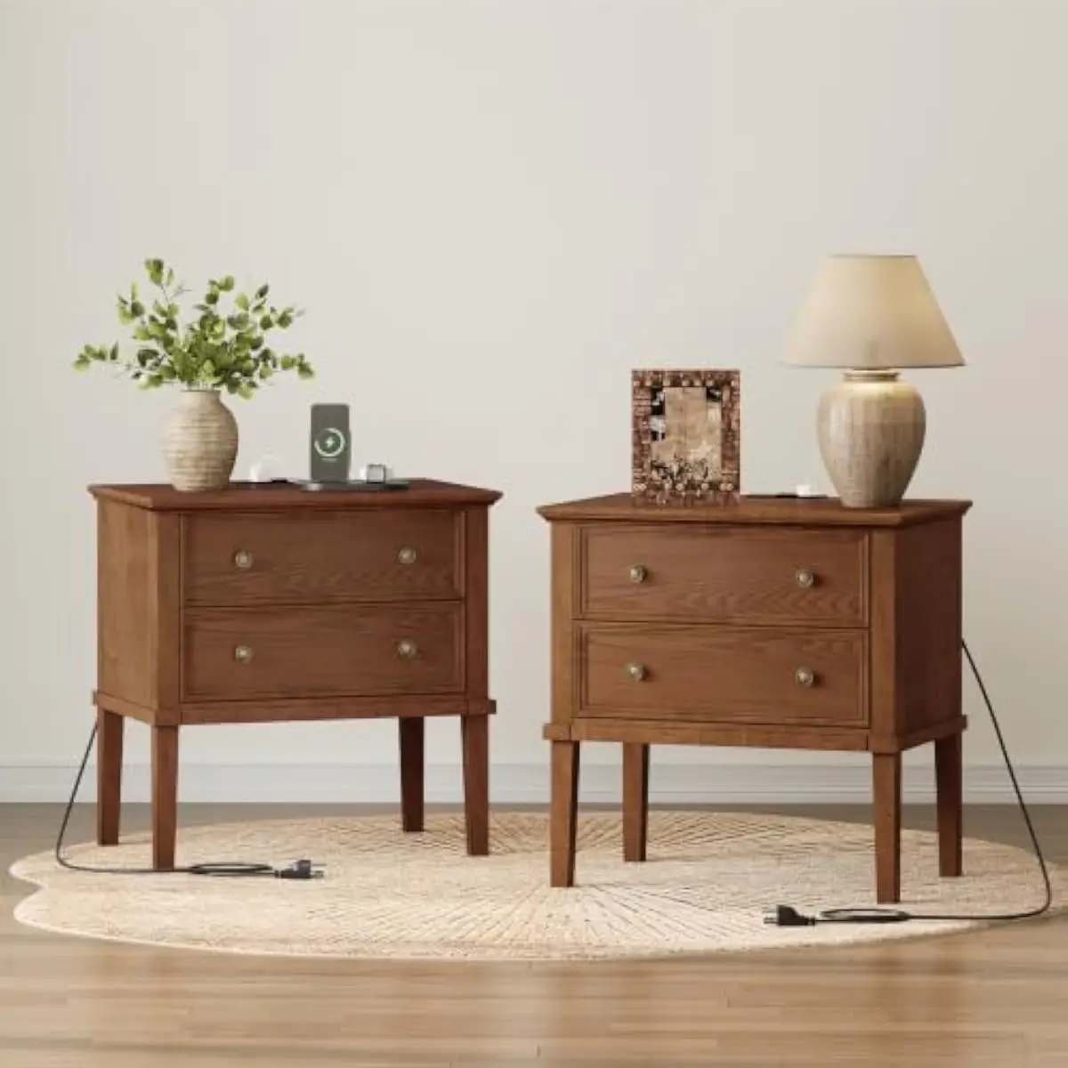 Solid wood nightstand duo with integrated power hub featuring dual outlets USB and TYPE-C ports two spacious drawers beveled edg