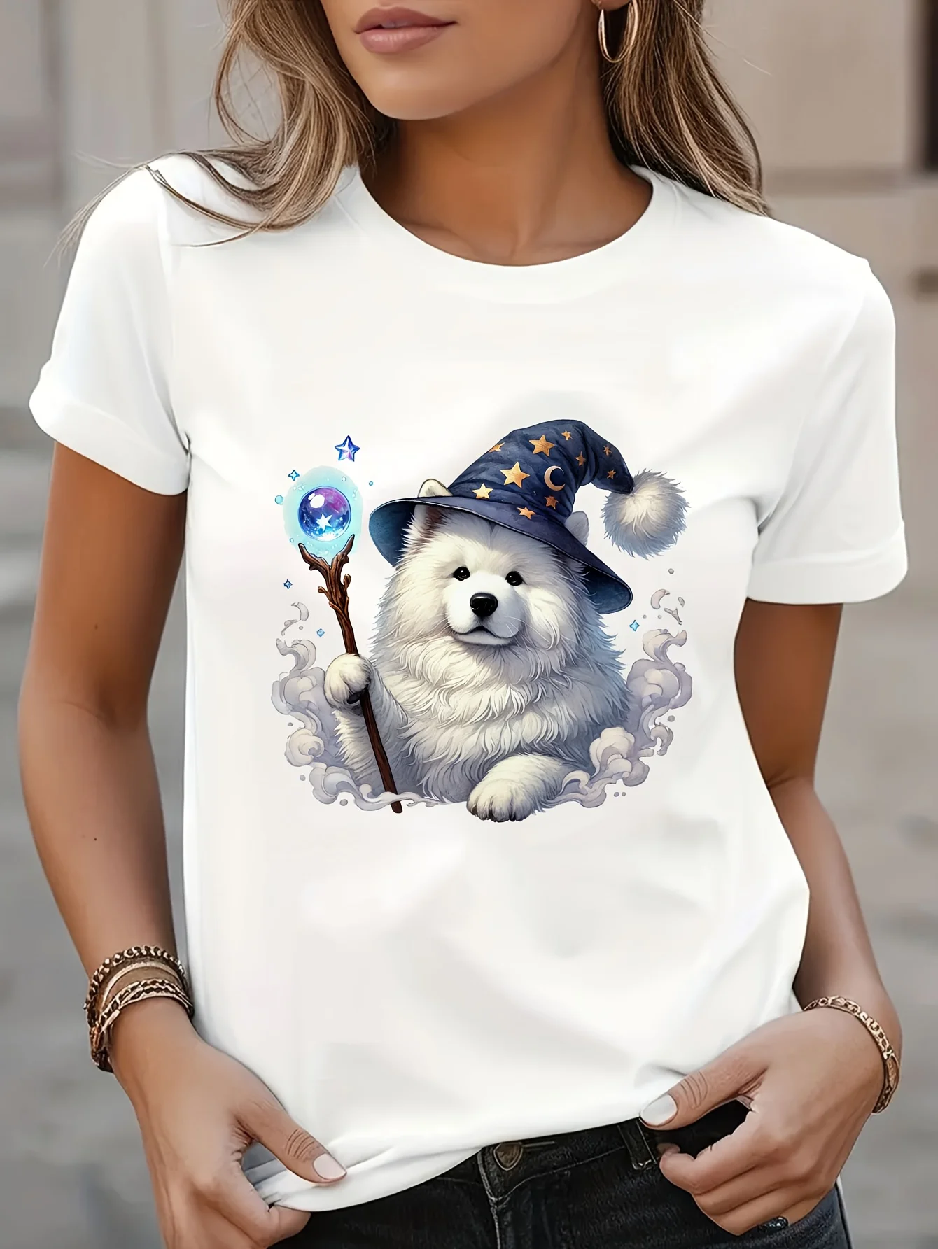 Samoyed Print Round Neck T-Shirt, Spring/Summer Casual Short Sleeve T-Shirt for Women