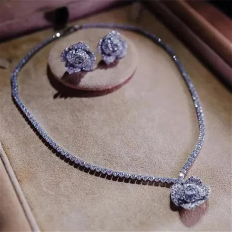 

CC комплект ювелирных изделий с цветком розы для женщин, аксессуары для свадебной вечеринки, свадебное обручальное ожерелье, серьги, комплекты из 2 предметов, подарок