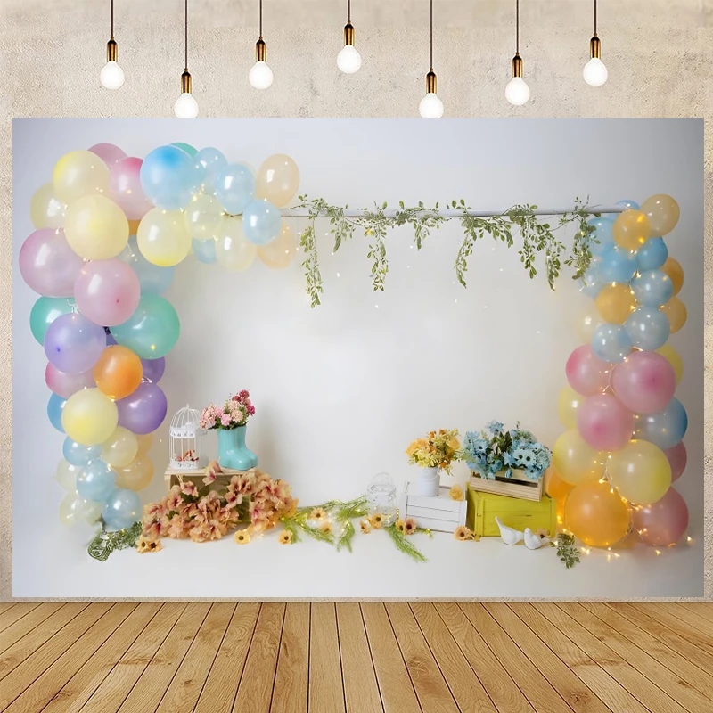 Solid White Brick Wall Balloons Decoration 1st Birthday Cake Smash Photo Background Newborn Baby Shower Photography Backdrops