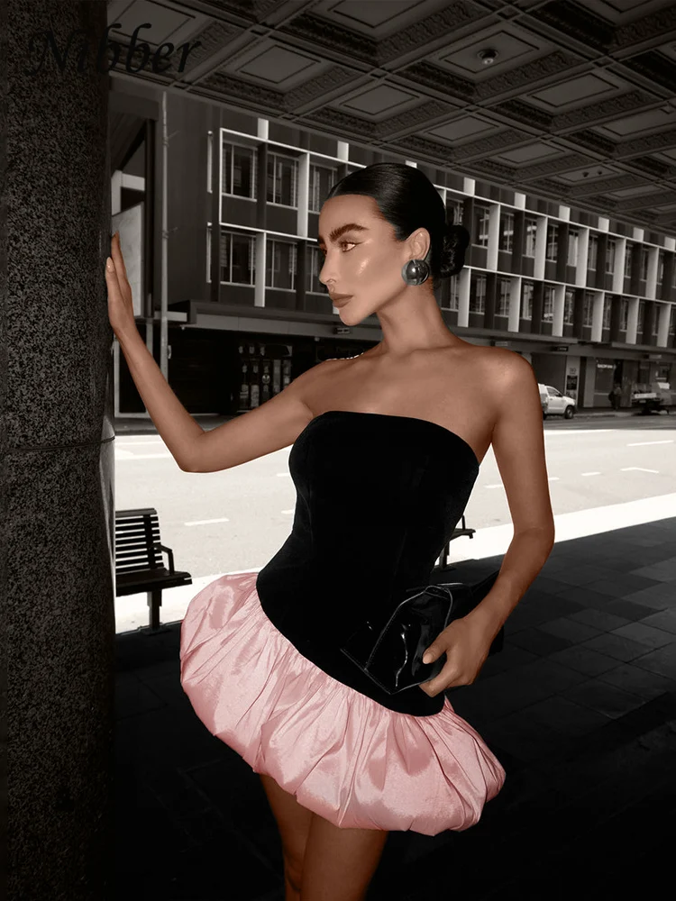 Nibber verão inchado vestido feminino y2k elegante irregular veludo retalhos sem alças meia-noite festa de aniversário doce banquete bodycon