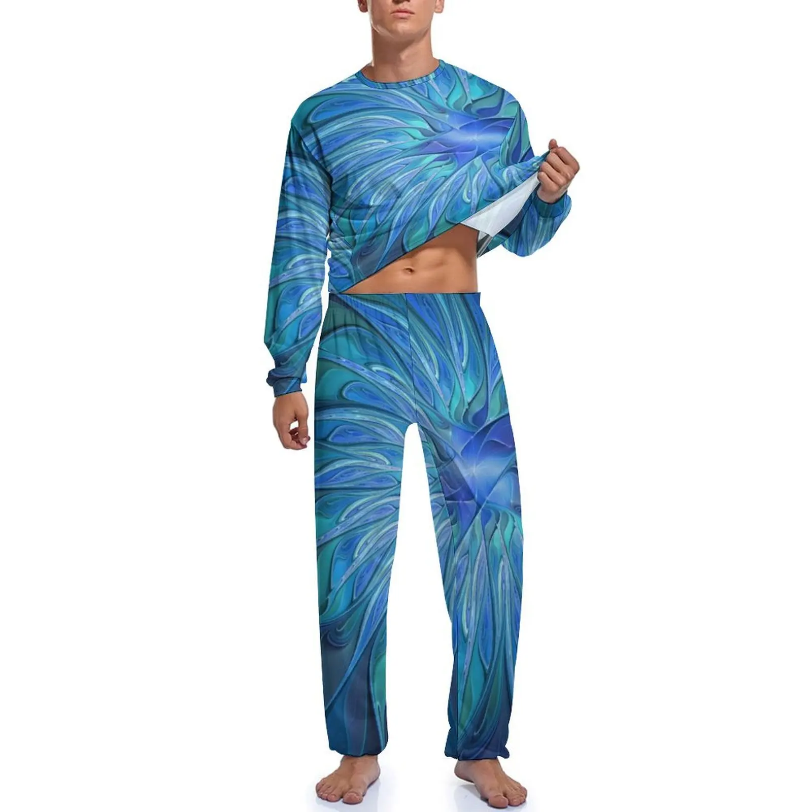 Pijama com estampa de flor azul, manga longa, arte fractal abstrata, duas peças, conjuntos de pijama para casa, primavera, design masculino, roupa de dormir fofa