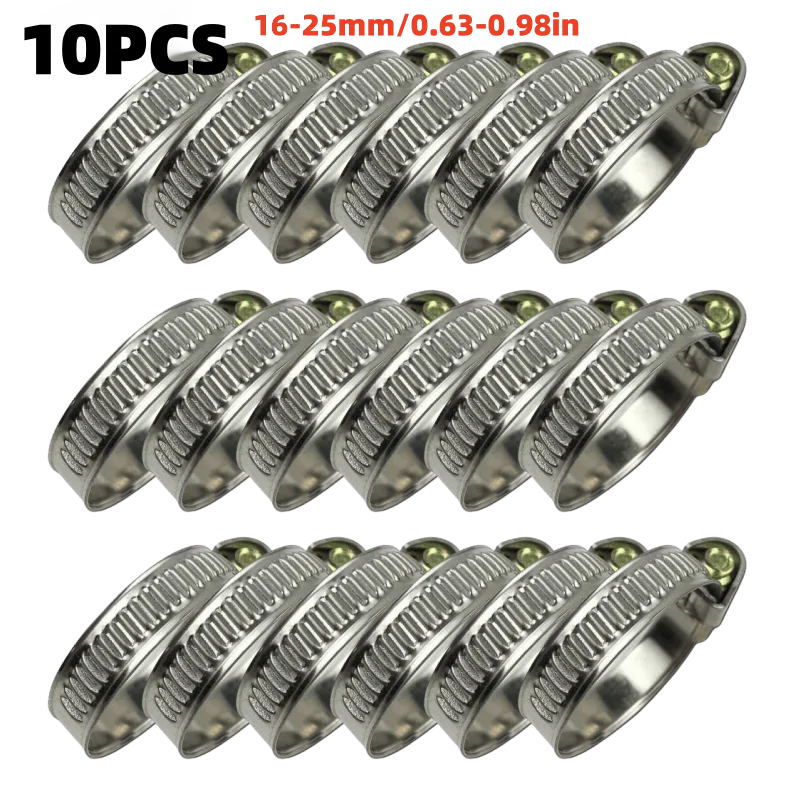 10Pcs Worm Gear Hose Clamps, Stainless Steel Adjustable Pipe Clips 16-25mm for Plumbing Automotive Hose Fixing