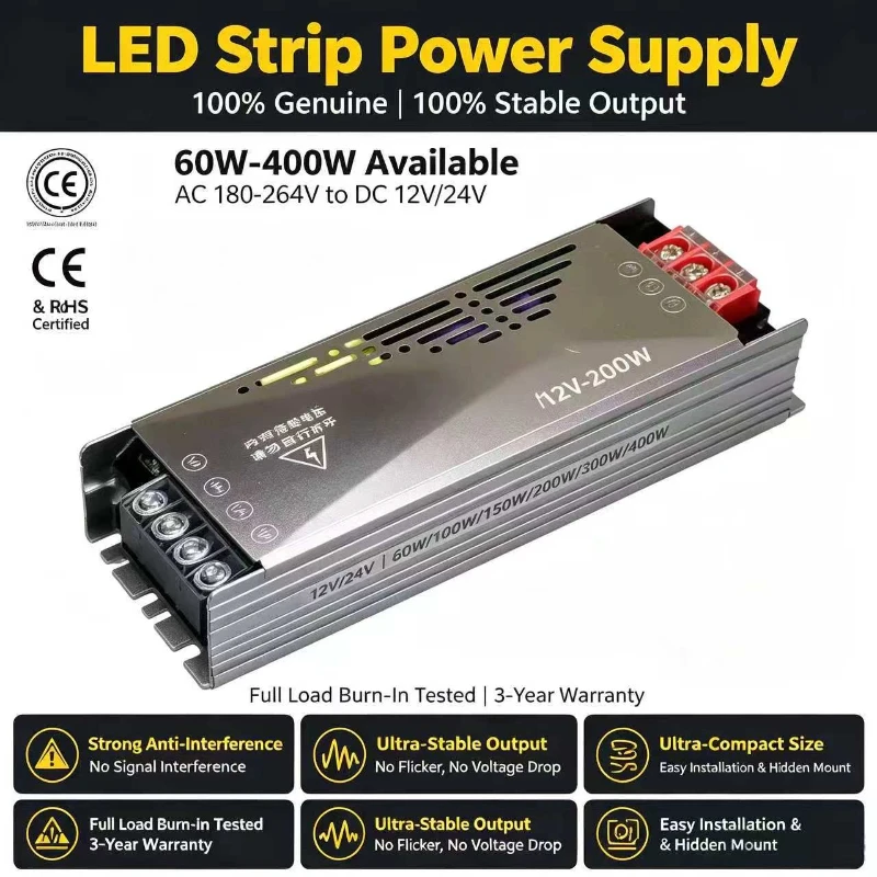 Power Supply Adapter 5A 12A Lighting Transformer DC 12V/24V Ultra thin LED Strip Switch Driver Lamp 60W 100W 150W 200W 300W 400W