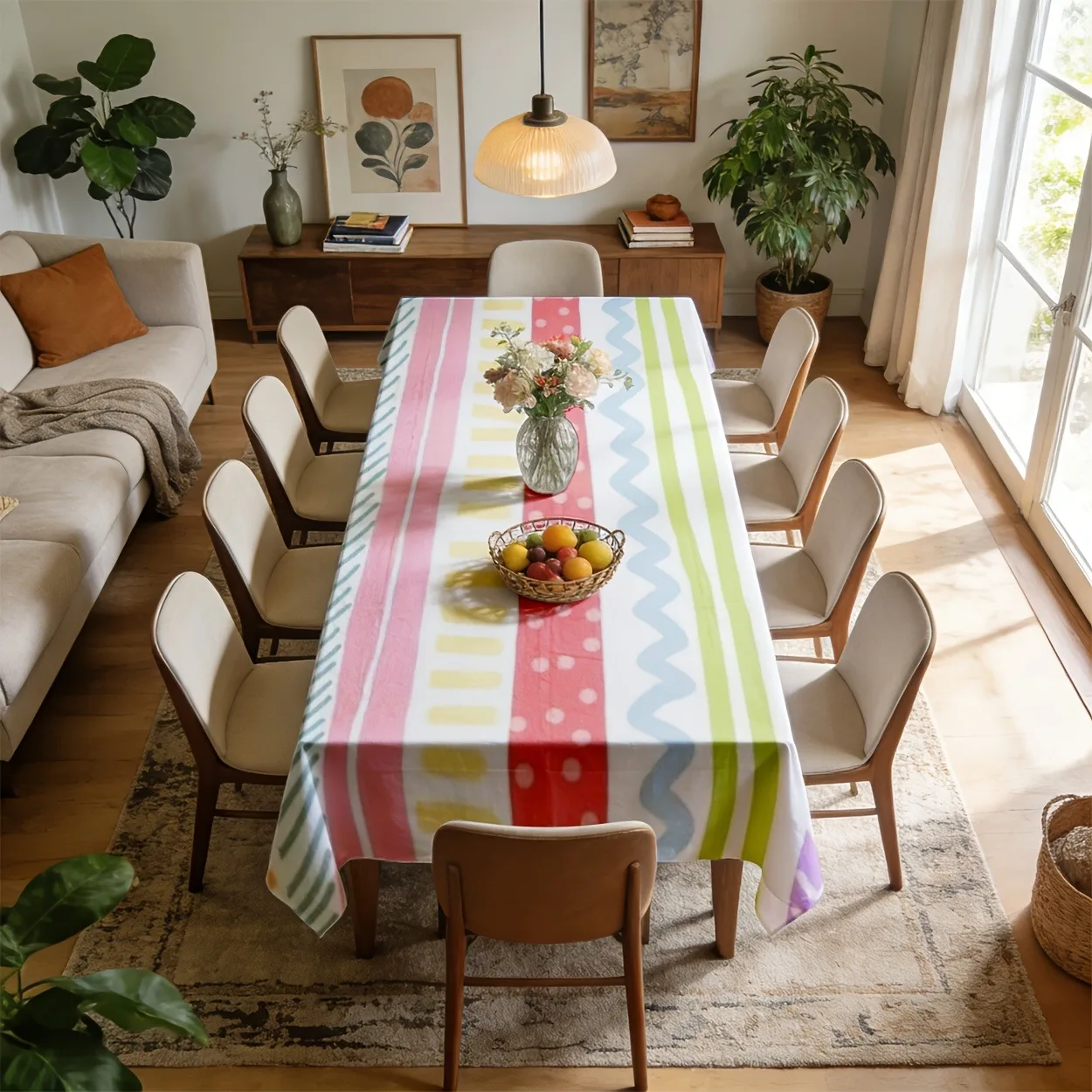 Tablecloth with 2D Flat Printing, Hand-Painted Style Striped Pattern, Soft Color Palette Print. Durable Tablecloth. Suitable for