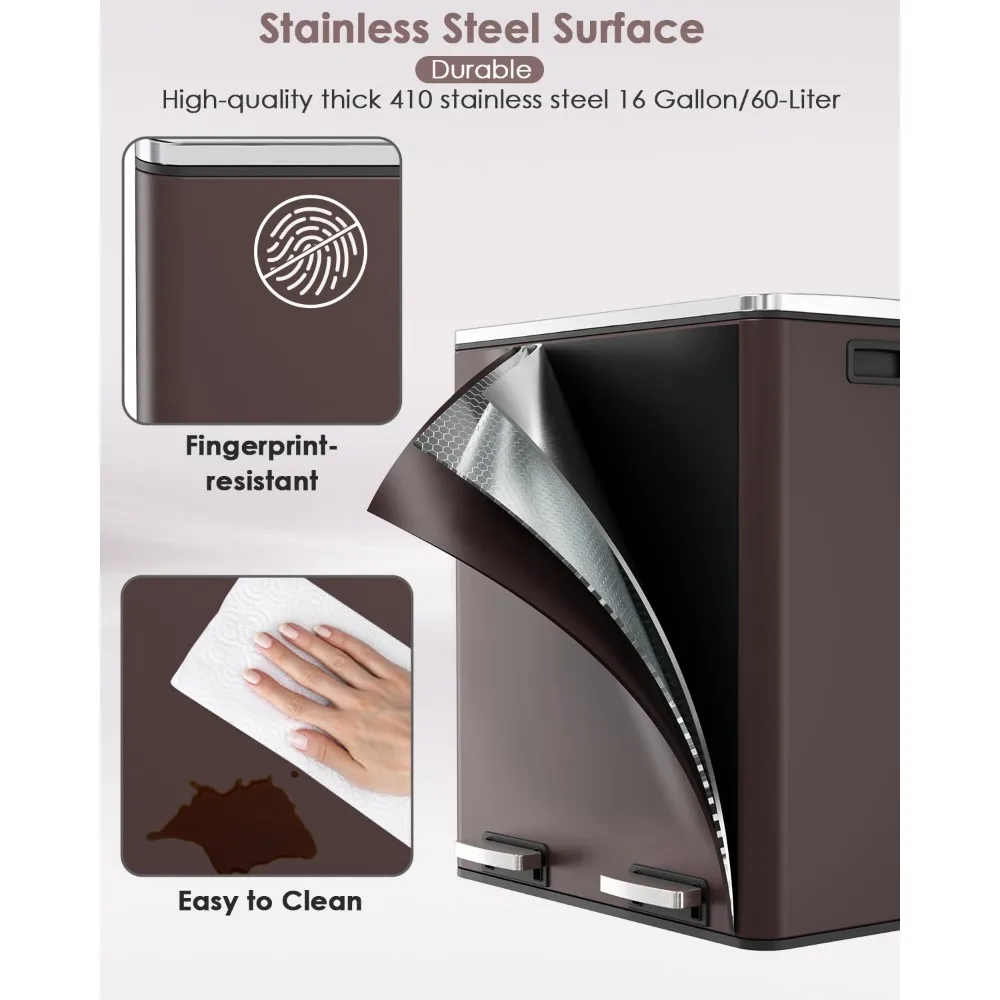 Poubelle de cuisine à double compartiment en acier inoxydable, capacité de 60l pour les déchets et le recyclage, grande poubelle avec Secti séparé