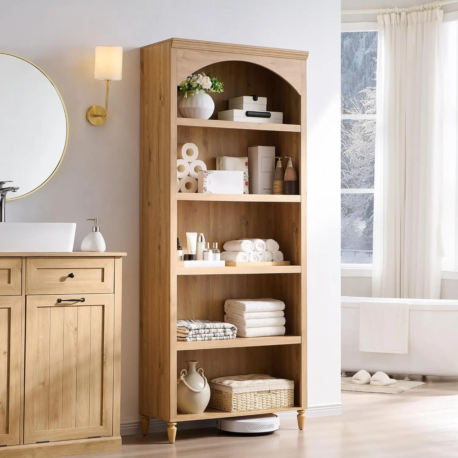 خزانة كتب مقوسة بطول 76 بوصة، خزانة كتب مقوسة كبيرة مكونة من 5 طبقات مع أرفف قابلة للتعديل، كتاب خشبي حديث