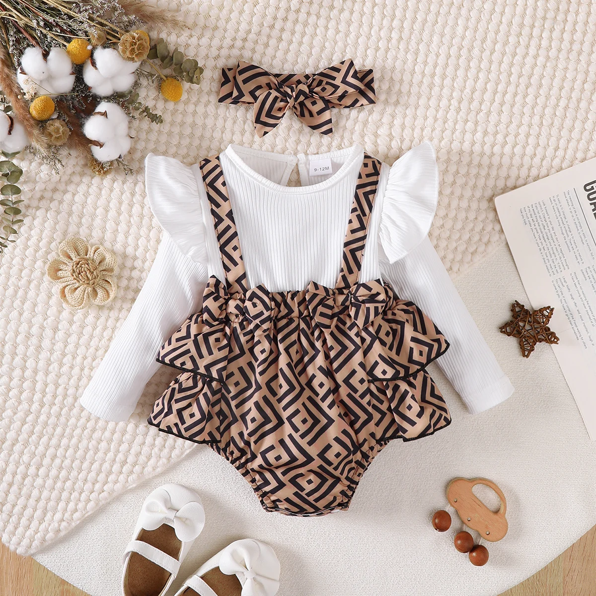 Baby Girl Romper 2Pcs Set Autumn Flutter Sleeves Fake Two‑Piece Suspender Look Bodysuit With Headband For 0-18 Months Infant