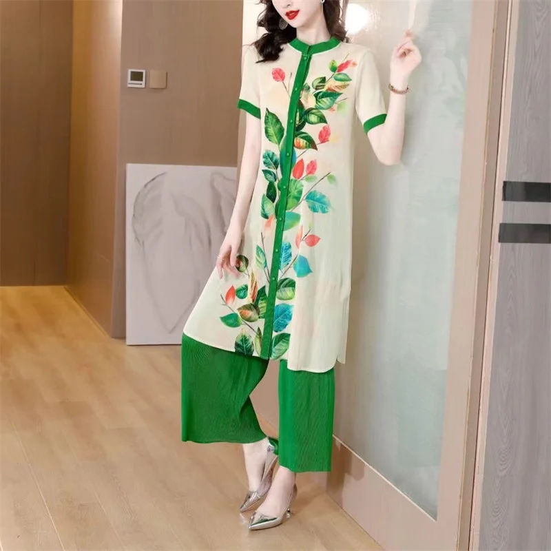 Sanzhai 2023 Summer New Pleated Set Shows Thin Temperament, Covers Meat, Decreases Age, Elegant Fashion Short Sleeve Top+Pants