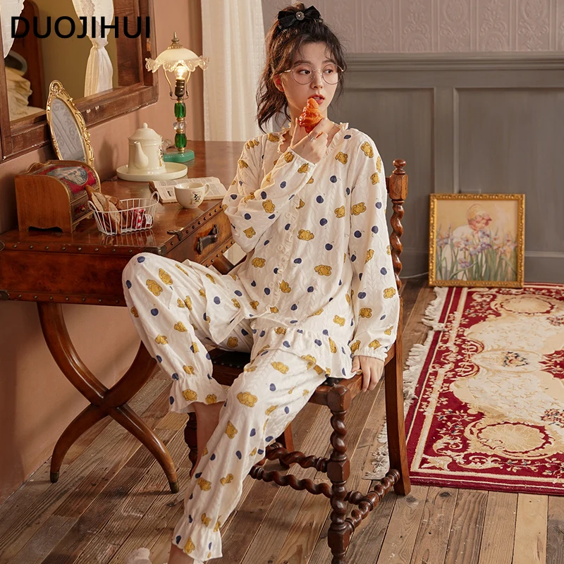 DUOJIHUI-Conjunto de pijama informal para mujer, cárdigan básico con cuello redondo, pantalón suelto, estampado encantador, Simple, a la moda, otoño