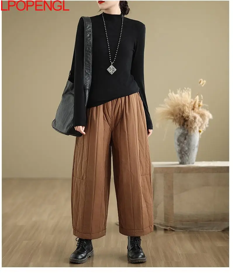 Women\'s Versatile Wide-leg Pants New Autumn And Winter Loose Thickened Elastic Waist Casual Vintage Patchwork Cotton Trousers