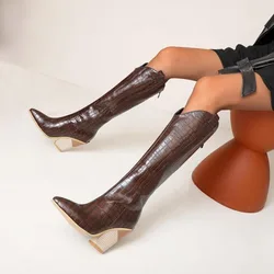 Women Boots Knee High Fashion Boots Wedges Heel Sexy New Patternand Autumn Winter Wedges Snake Pattern Pointed Toe Women Shoe