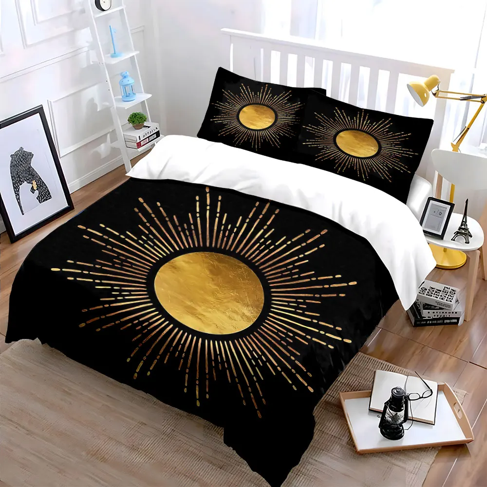 Golden Sunburst Decoration Set Soft Skin-Friendly Bedding Set Includes 1 Duvet Cover And 2 Pillowcase, Gift