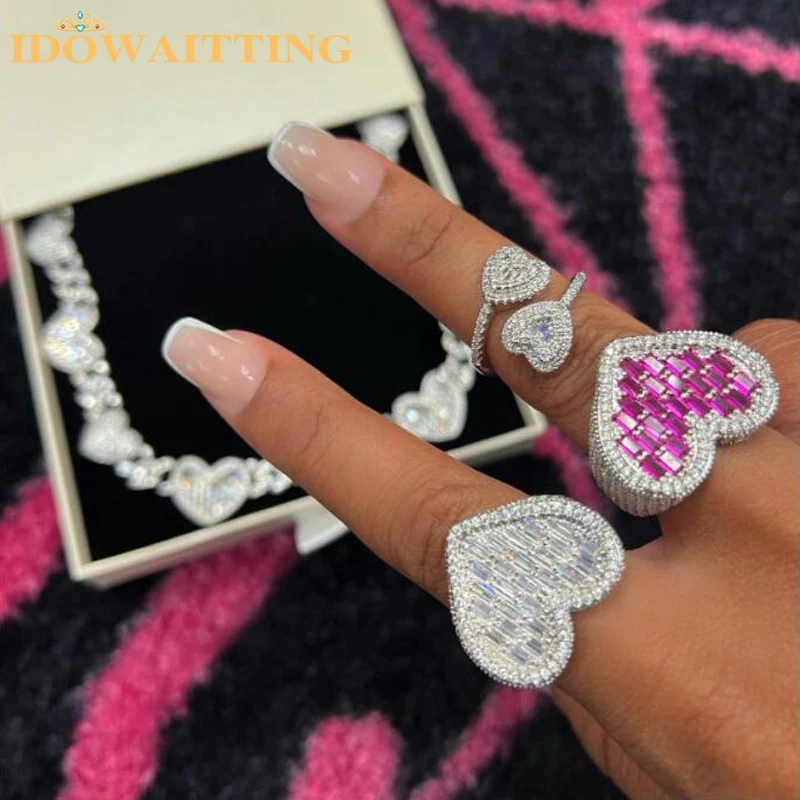 Wielkie serce w kształcie pierścieni pełna betonowa biała moda CZ Iced Out Bling plac 5A Cubic cyrkon moda kochanka biżuteria dla kobiet mężczyzn