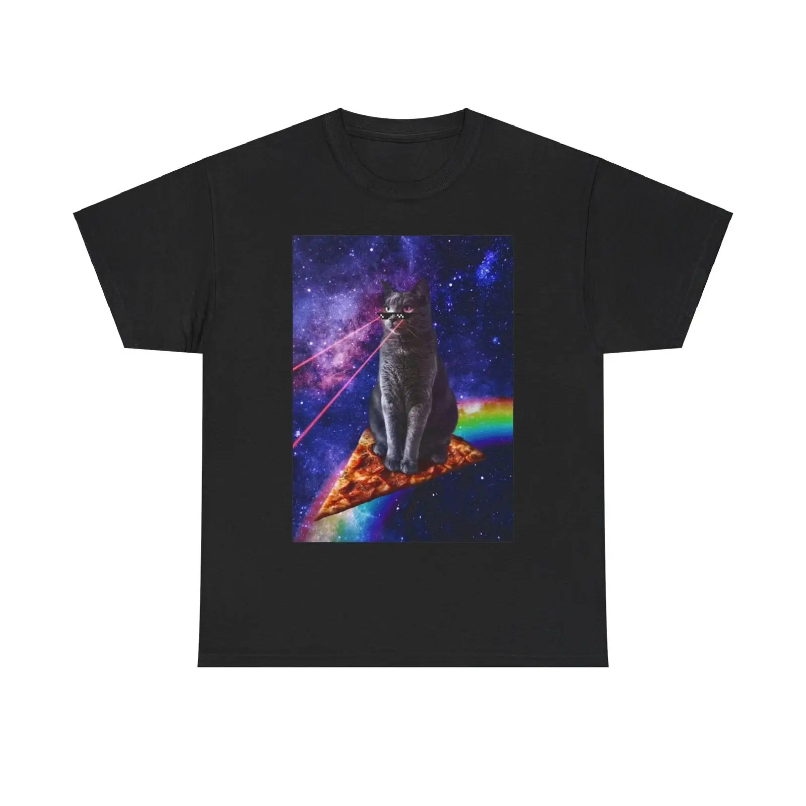 

Funny Cat Flying In Space Tshirt Pizza Lazer Eyes Unisex Heavy Cotton Tee Comedy