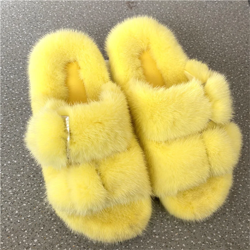 2024 Women Fur Slippers Fashion Luxury Slippers Female 100% Real Mink Fur Slippers European Station Ladies Flat Heel Women Shoes