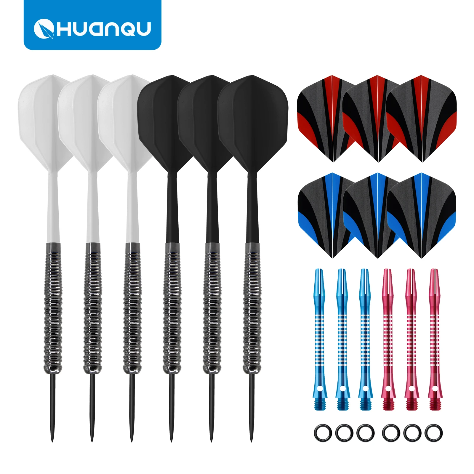 Huanqu professionele dartset, zes-naalds darts, inclusief reserve aluminium shaft dartvluchten en O-ringen, complete accessoires, duurzame standaard darts, binnen- en buitenwedstrijdtraining