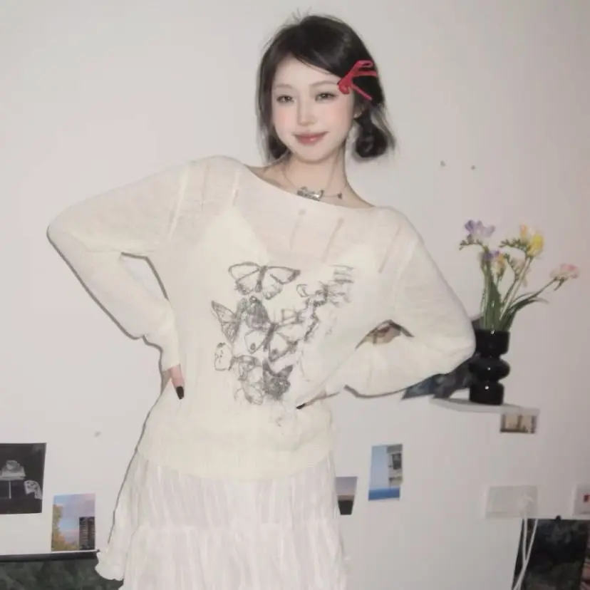 

Onalippa American Retro Sweet Personalized Round Neck Graffiti Butterfly Print Knitted Sweater Hollow Holes Pullover Top Women