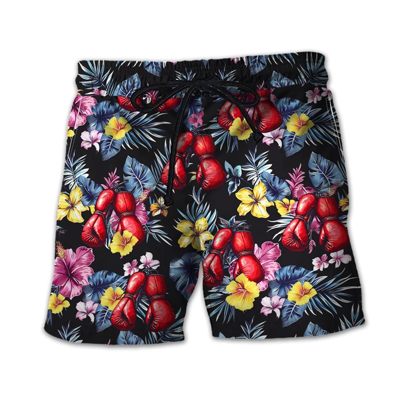 Vintage Boxing leaf Pattern Men's Beach Shorts 3d Printing Boxing Glove Drawstring Short Pants Summer Quick Dry Casaul Shorts