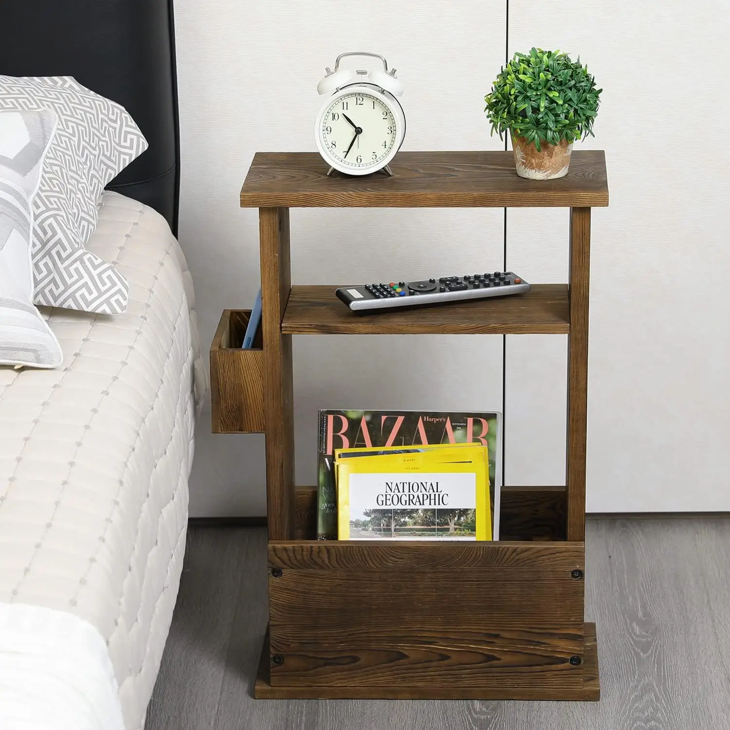 Mygift 24 Inch Tall Rustic Burnt Wood End Table With Remote Control Holder, Storage Shelf, And Magazine Rack, Wooden Narrow