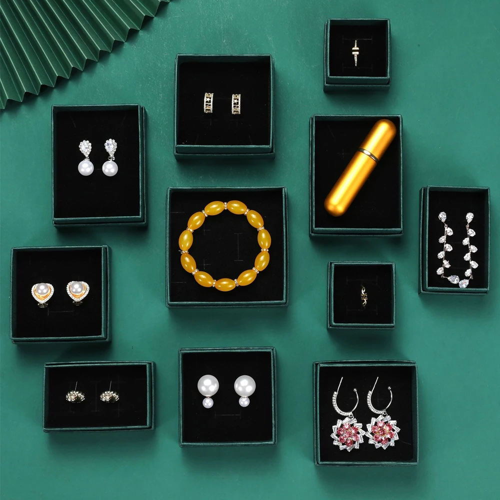 24pcs Dark Green Litchi Stria Paper Jewelry Box with Black Sponge inside Jewelry Store Display Tool Handmade DIY Gift Packaging