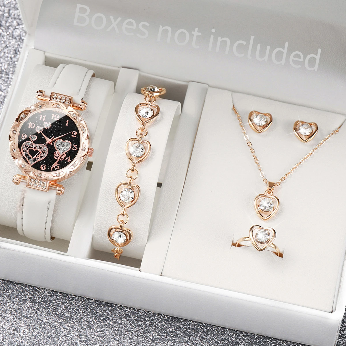 5PCS/Set Fashion Rhinestone Heart Women Watch Jewelry Set Female Leather Band Quartz Wrist Watch（Without Box）