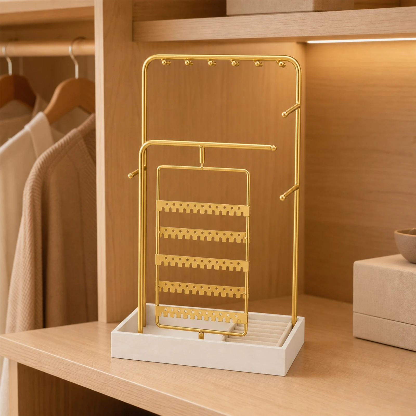 Rotating Jewelry Organizer Gold-Finished Earring Holder Organizer Necklace Display Stand Sturdy for Dressing Table, Vanity Area