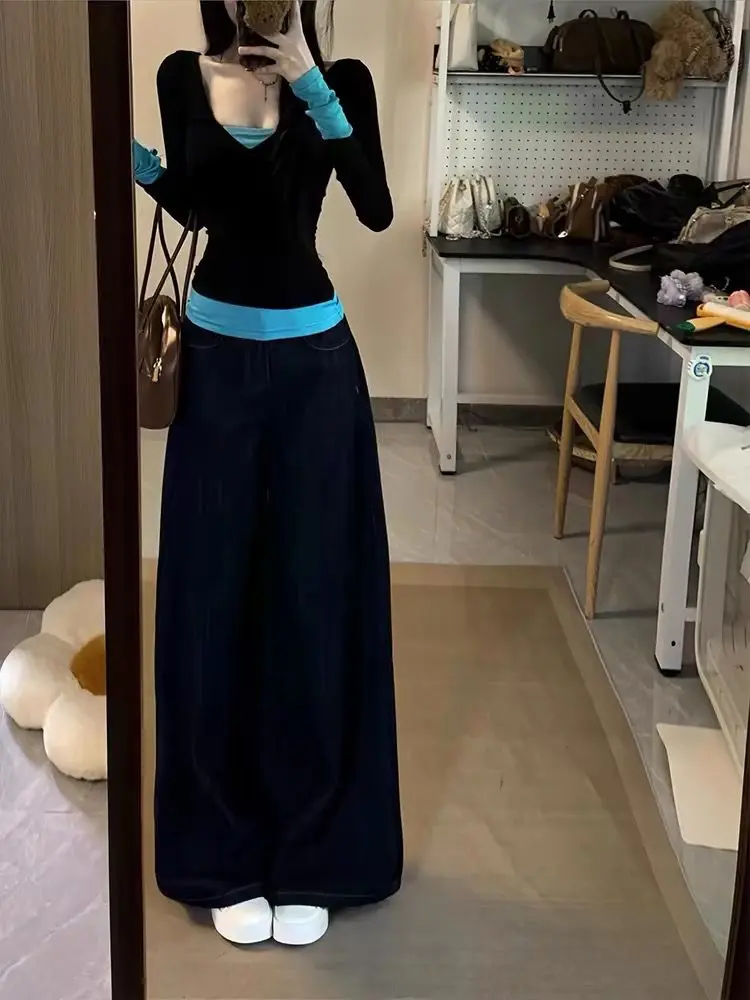 Slim Fit Women's V-Neck T-Shirt Korean Style Splice Base Shirt Color Block Long Sleeve Inner Wear Top Fashionable Commute Wind