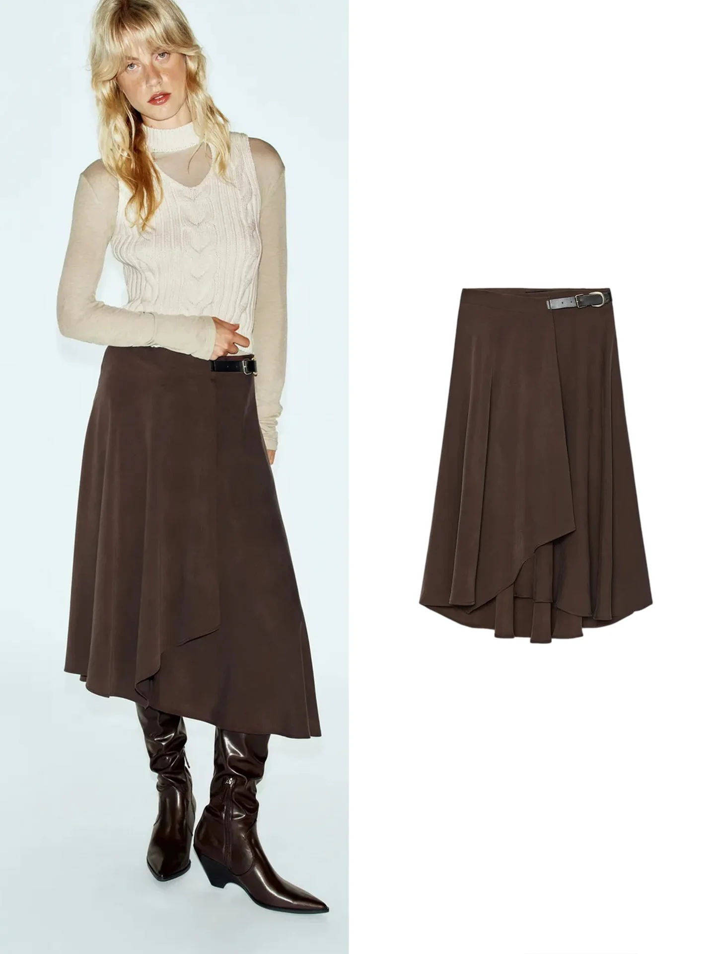 Fall New Asymmetrical Hem Midi Skirt Women's Commuter Style mid Waist Double Lapel Button Decor Half Body Skirt