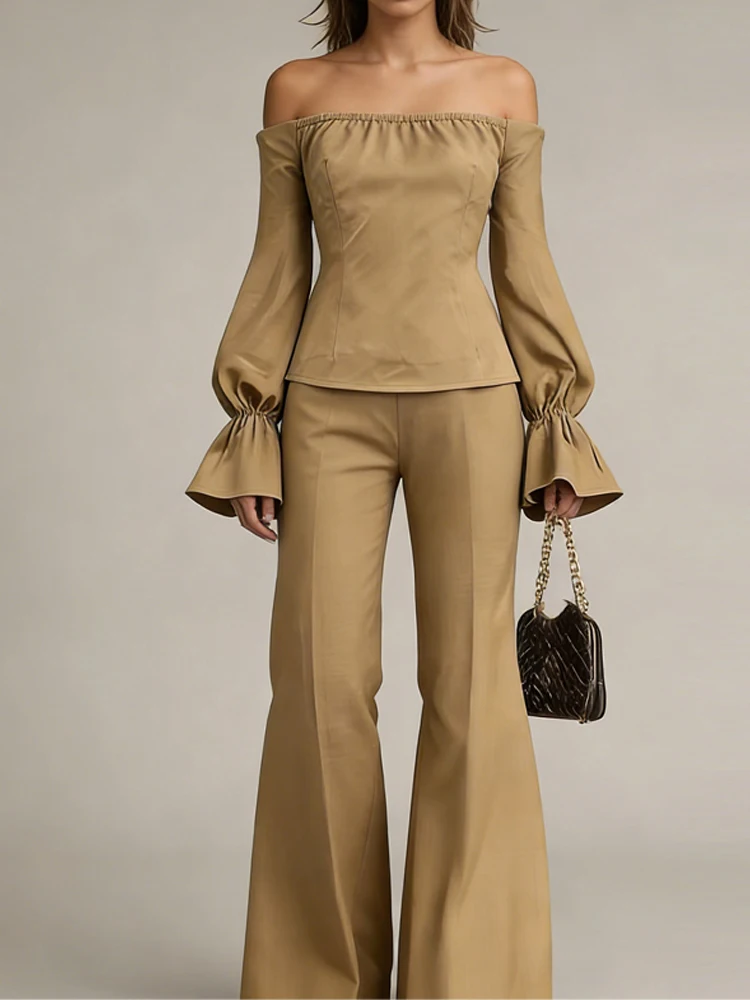 

Повседневный летний костюм с топом с открытыми плечами и брюками, однотонный комплект из двух предметов для офиса, элегантный, приталенный, для вечеринок
