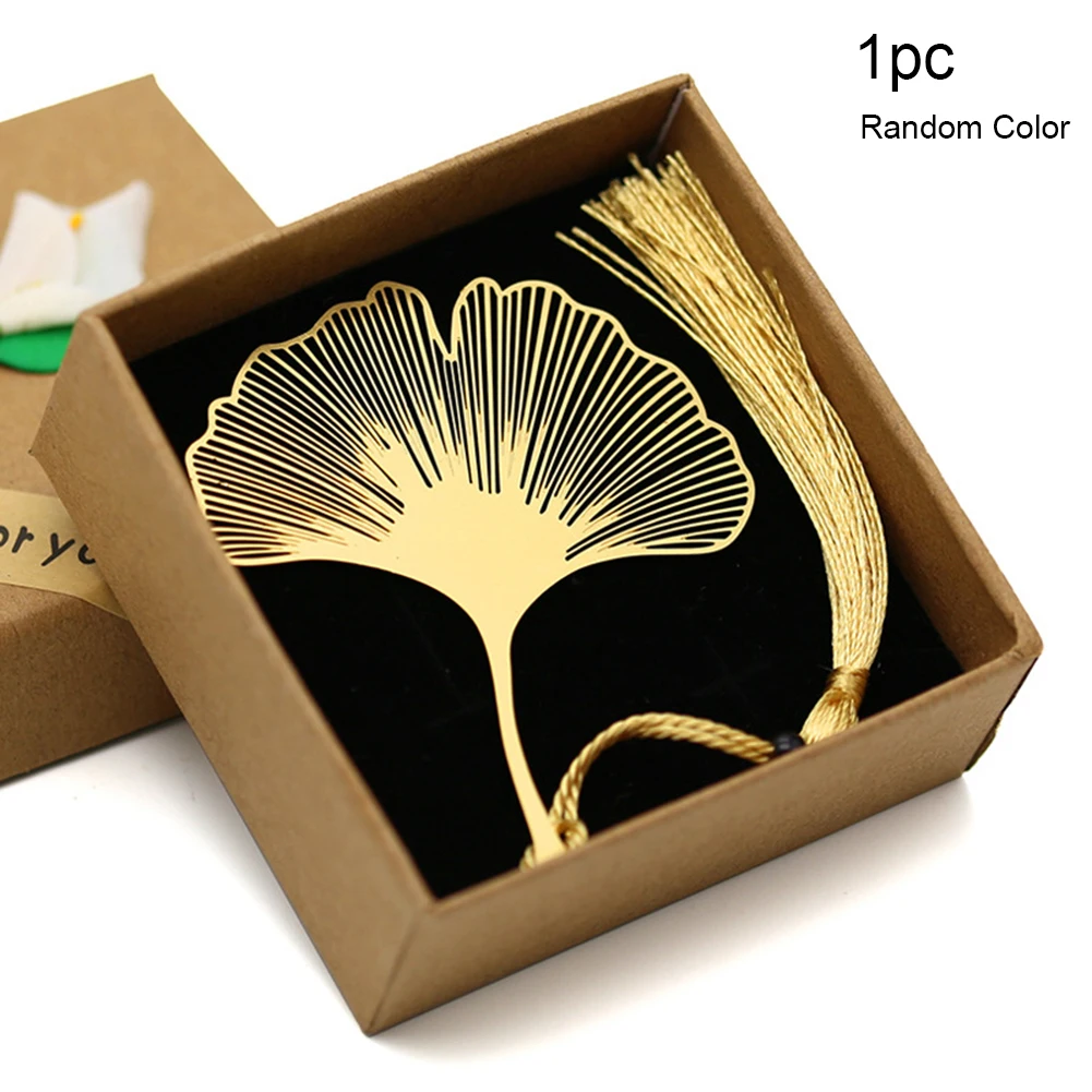 Vintage Chinese Style Gold Metal Hollow Ginkgo Leaf Tassel Bookmark Stationery Book Folder Office School Wedding Party Supplies