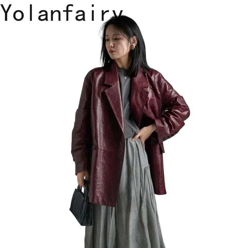 

YOLANFAIRY Women Vintage Light Waxed Genuine Lambskin Blazer Loose Mid Length Real Sheepskin Leather Jacket Casual Outerwear