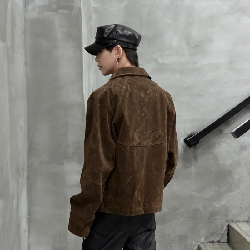 HKSH Spring Autumn New Men Punk Retro Suede Jacket Trendy Brand American Simple Fashion Solid Color Short Versatile Coat HK14564